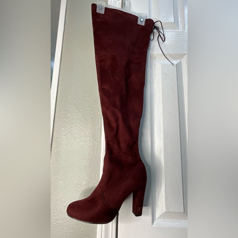 Burgundy Suede Over-the- Knee Boots